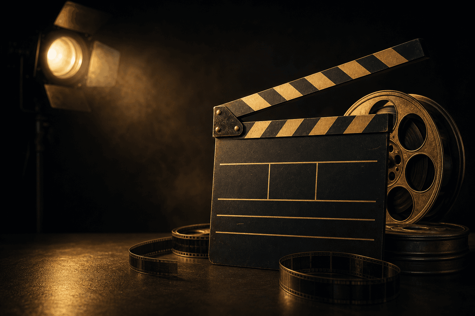 Film clapperboard and reels in warm studio light