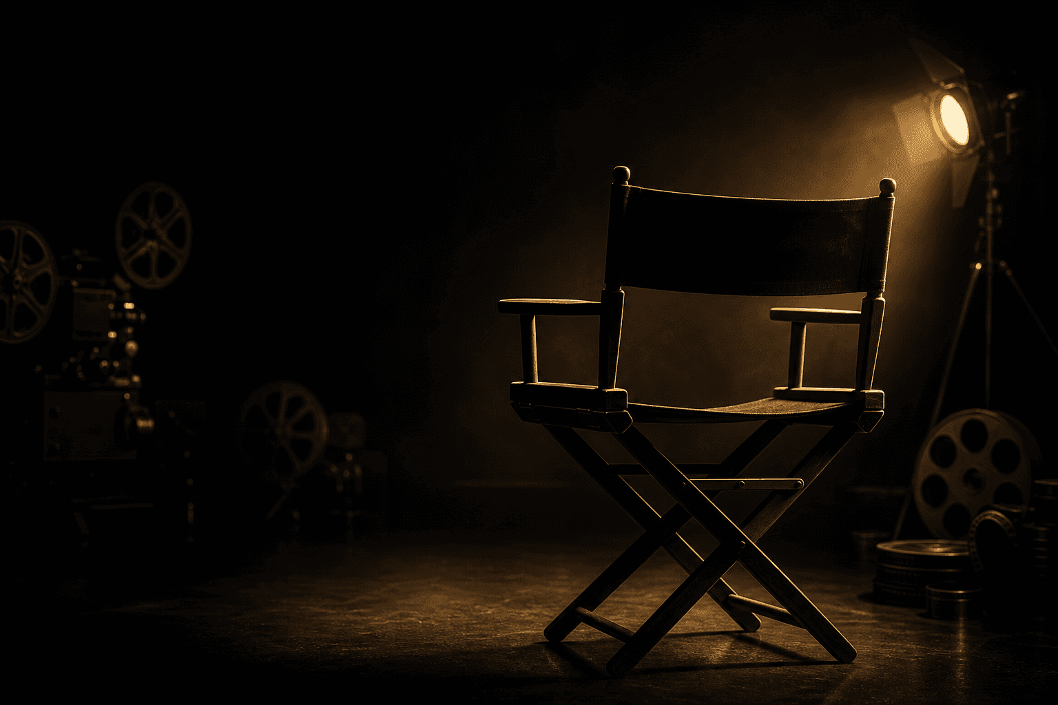 Director chair in a dark studio with warm golden light